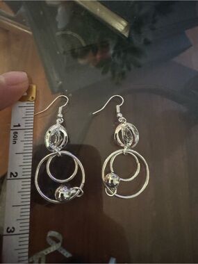 Silver Double Hoop Drop Earrings with Bead Accents - Women's Jewelry